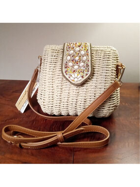 NWT Emperia Natural Straw And Vegan Leather Crossbody Bag With Beaded Accents